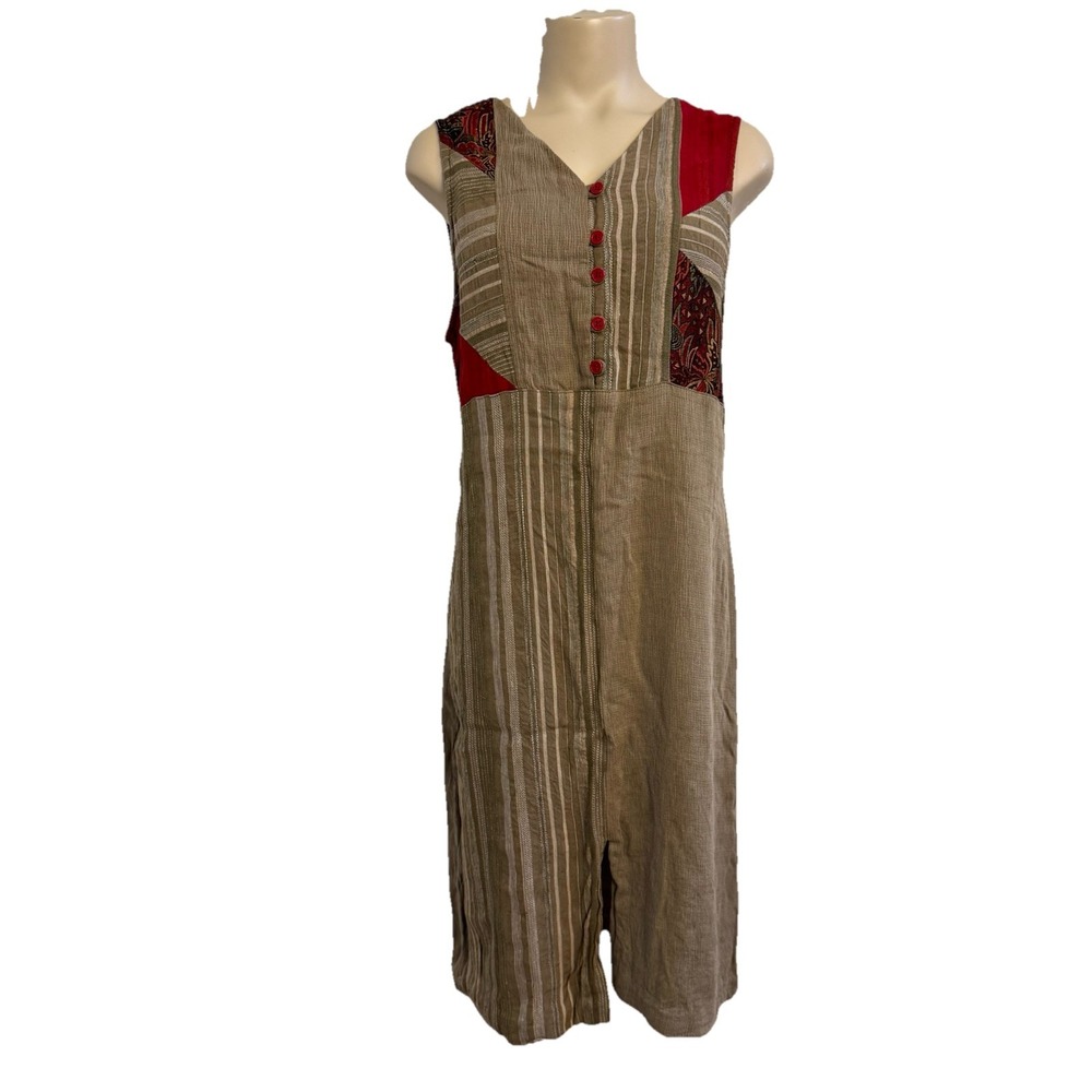 VTG 90s Patchwork Dress Medium Sleeveless w/ Back Tie Teacher Artsy CANVASBACKS